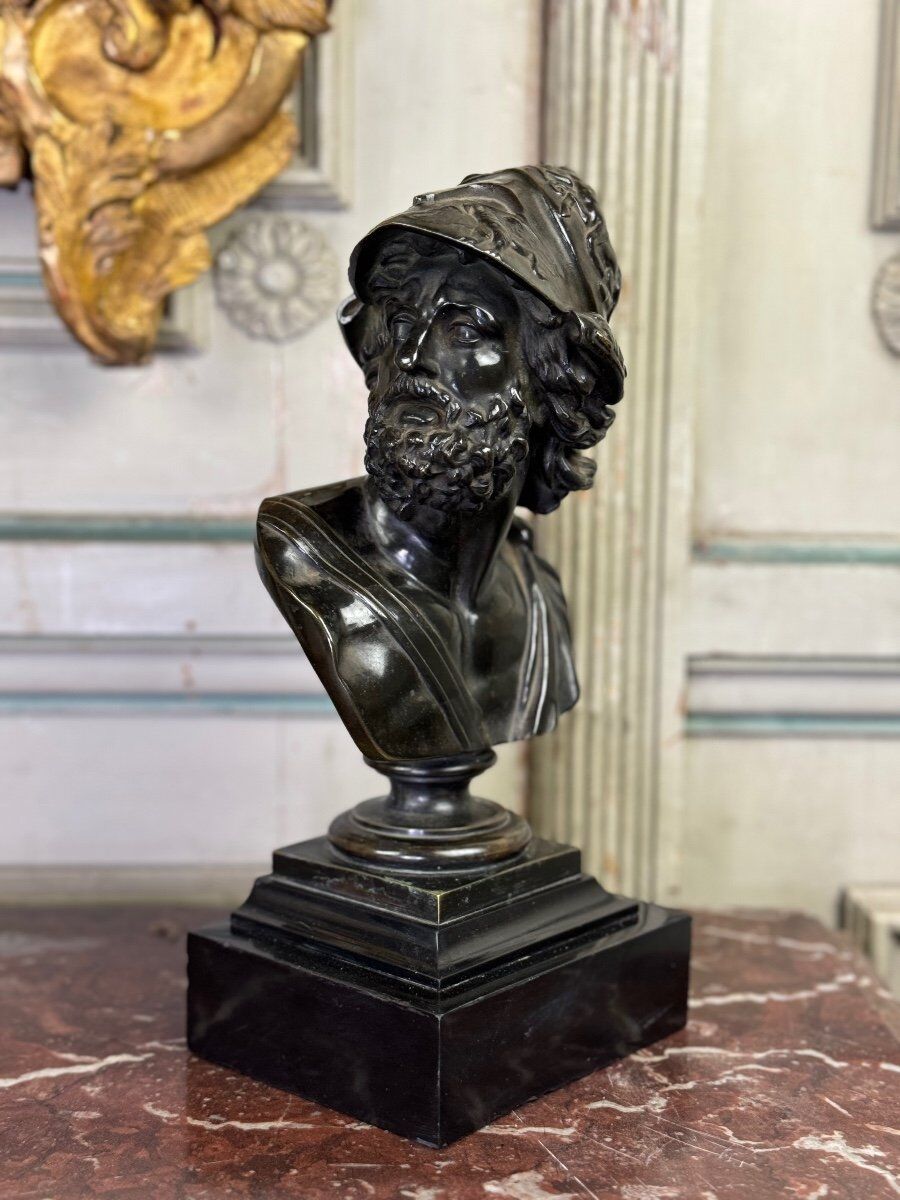 Bust of Ajax, bronze with black patina on a black Belgian marble base, 19th century.