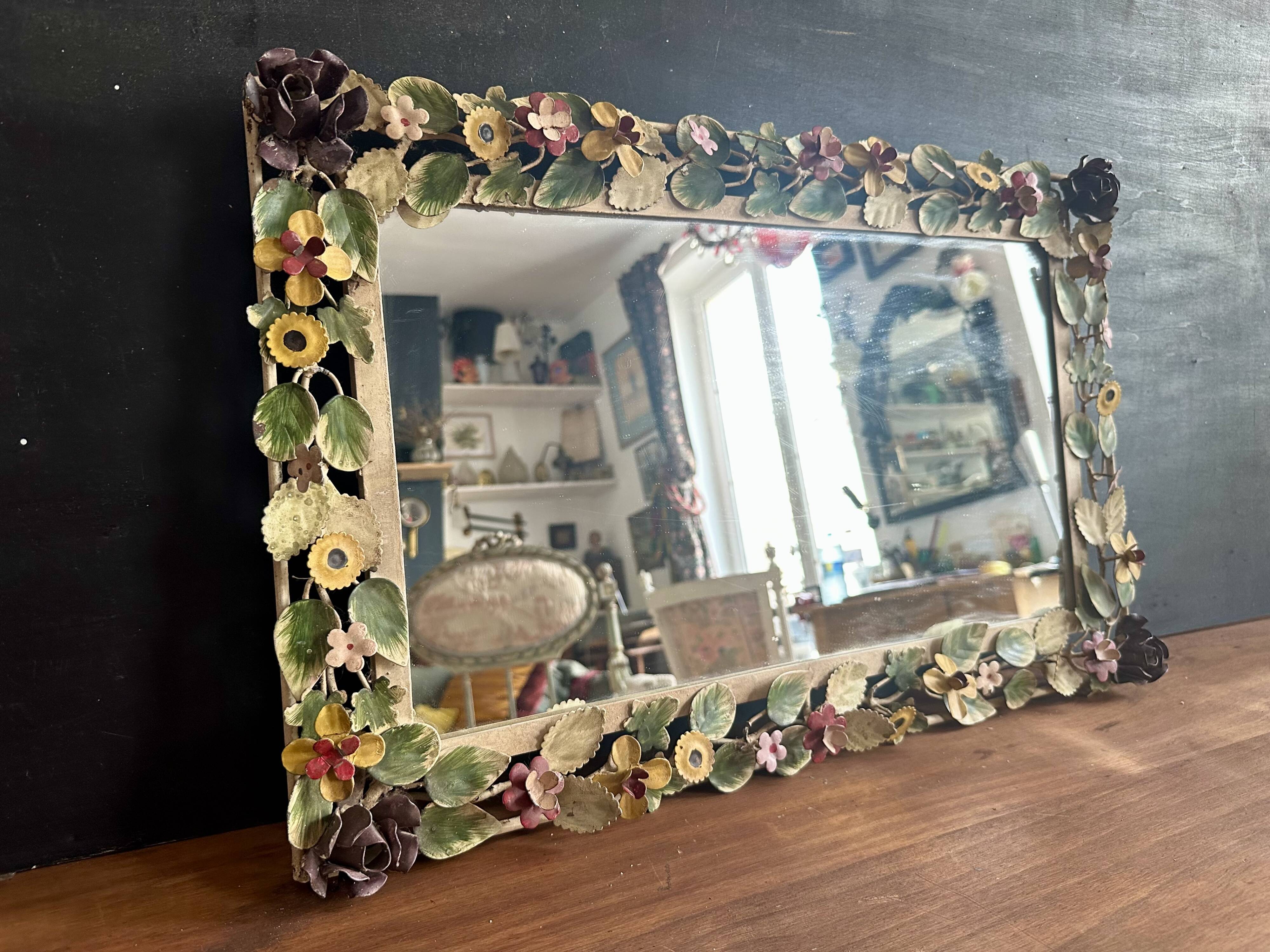 Italian wall mirror in polychrome floral metal, 1950s