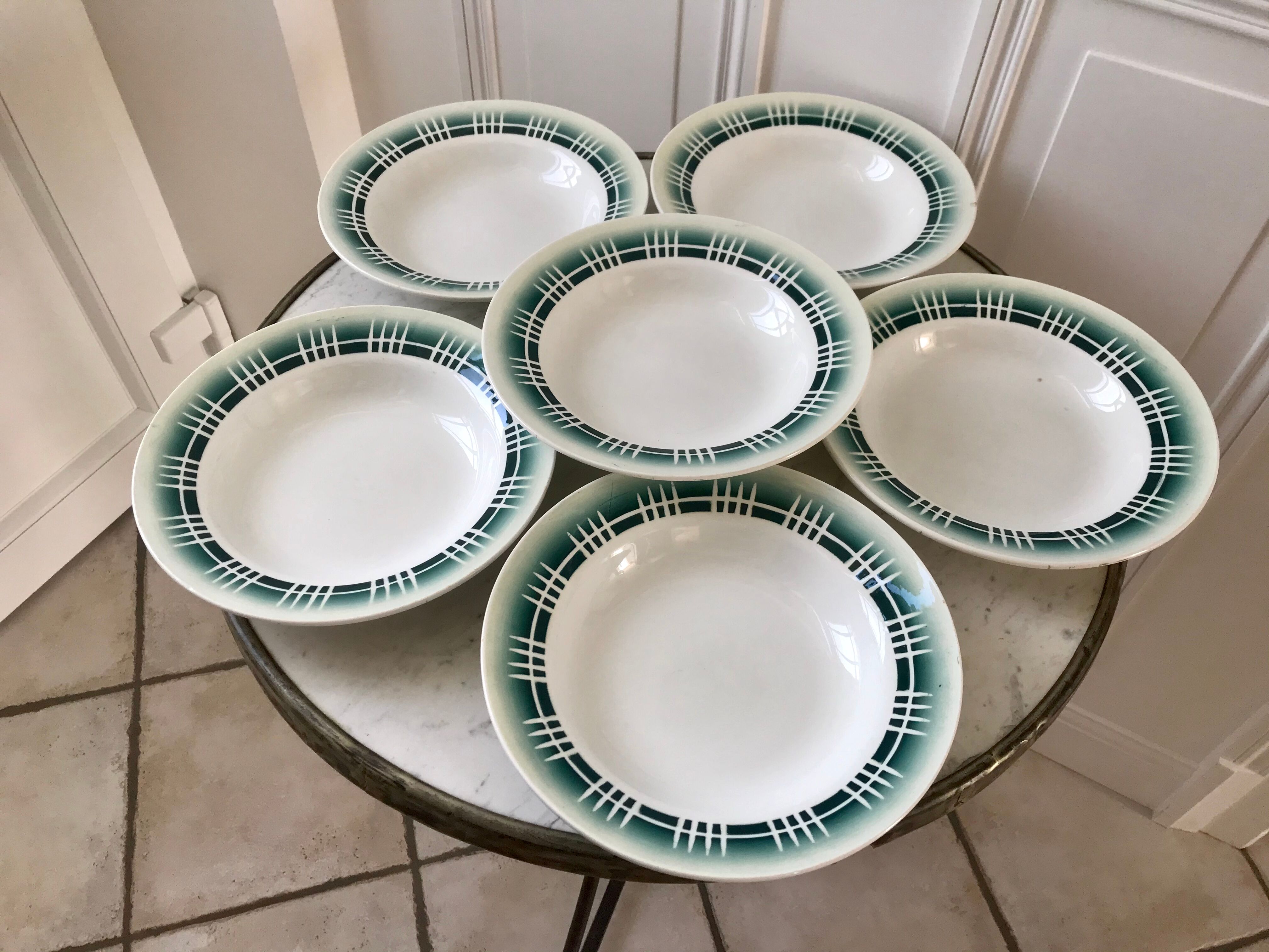 Set of 6 green hollow plates Digoin Sarreguemines 30s