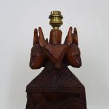Old large lamp from Malagasy School and Tananarive in carved wood. Art Deco.
