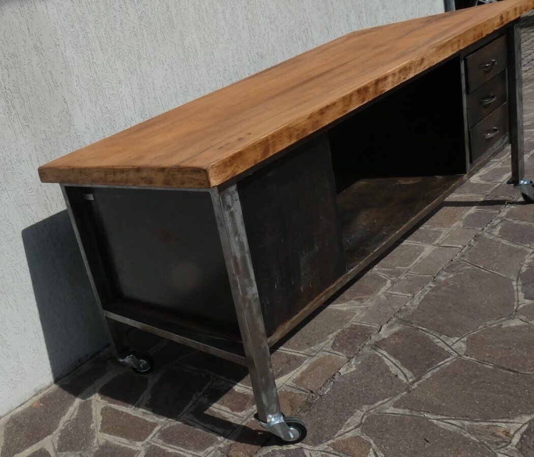 Industrial Island Counter in Steel and Walnut, 1970s
