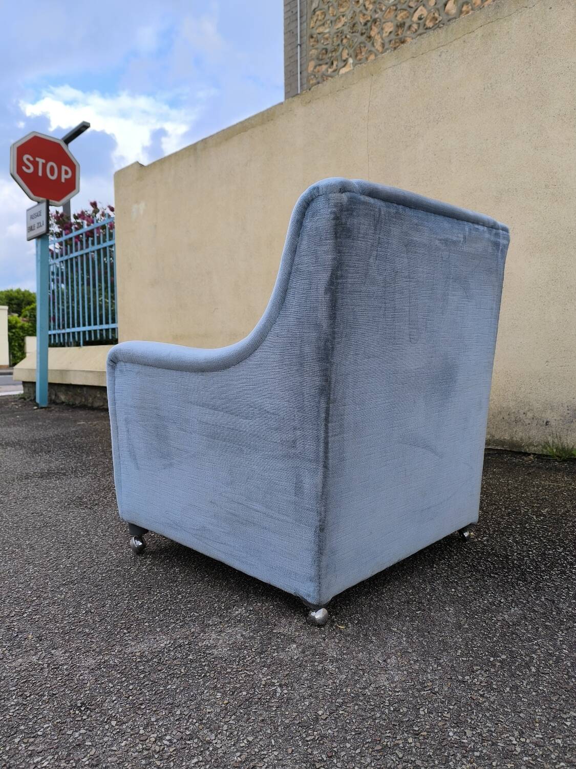 Cocktail armchair in sky blue velvet 1960s