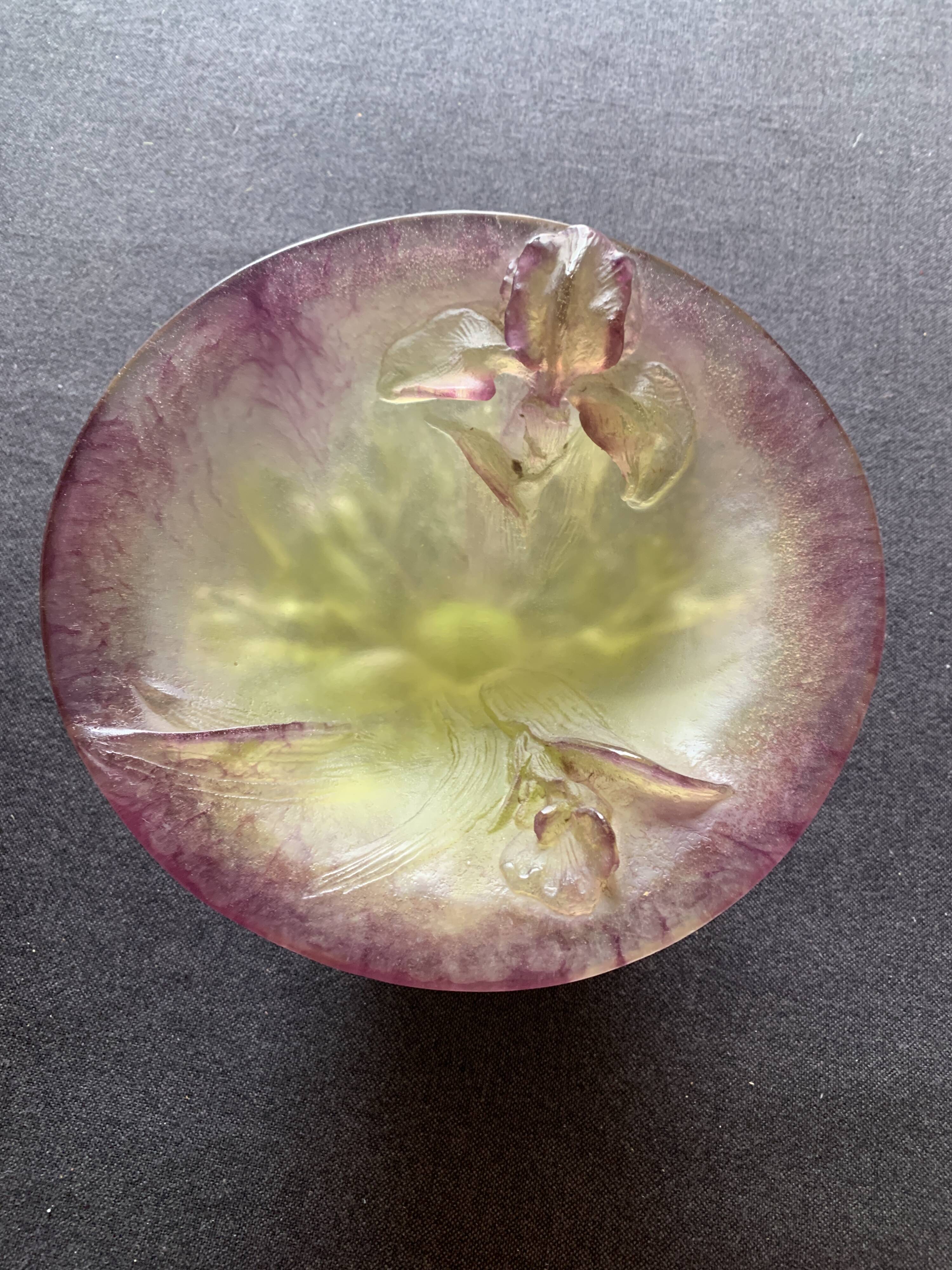 Daum Nancy glass paste bowl – Iris – Art Nouveau purple and green