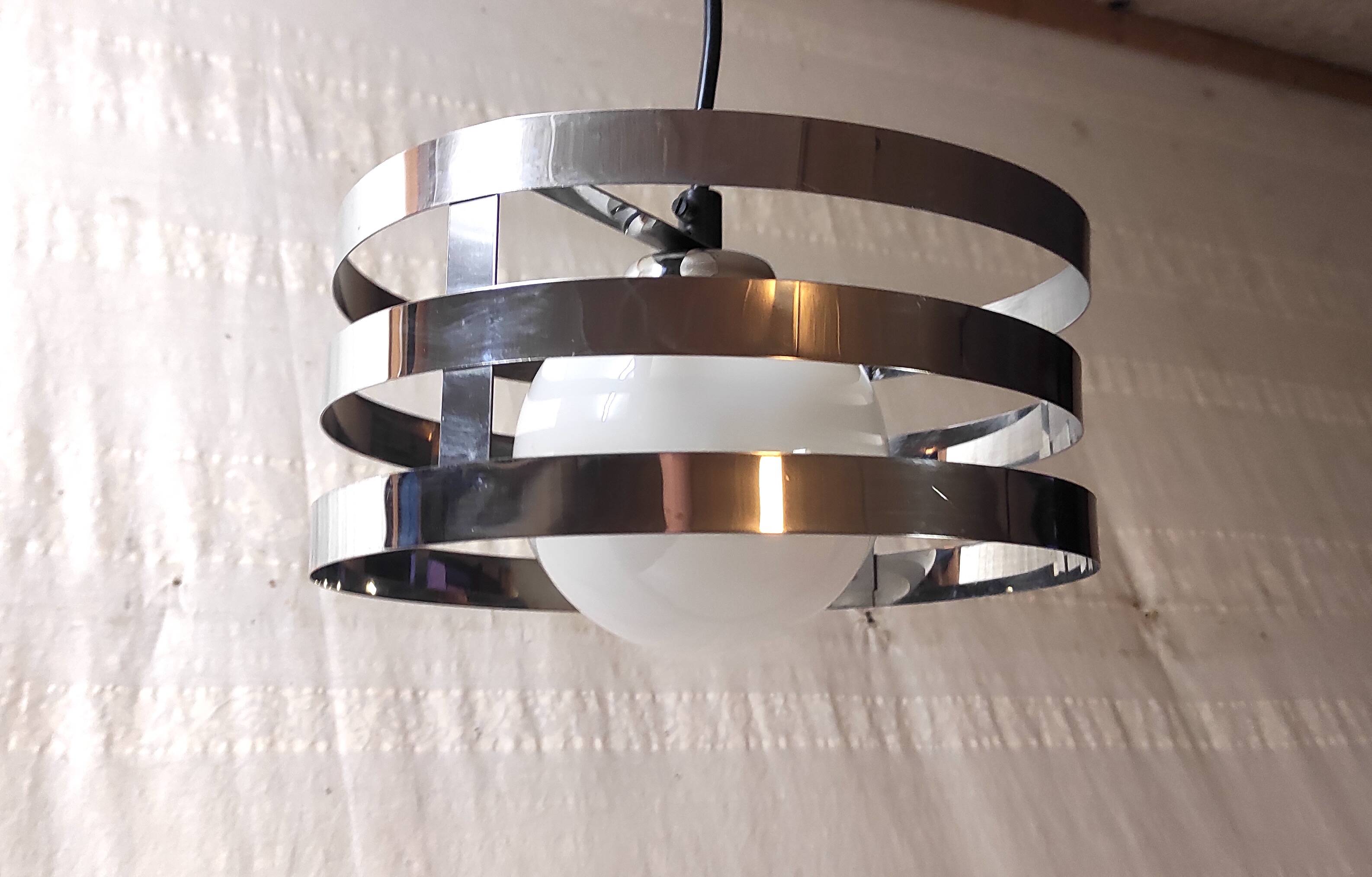 Chrome metal and opaline globe pendant light - 1970s