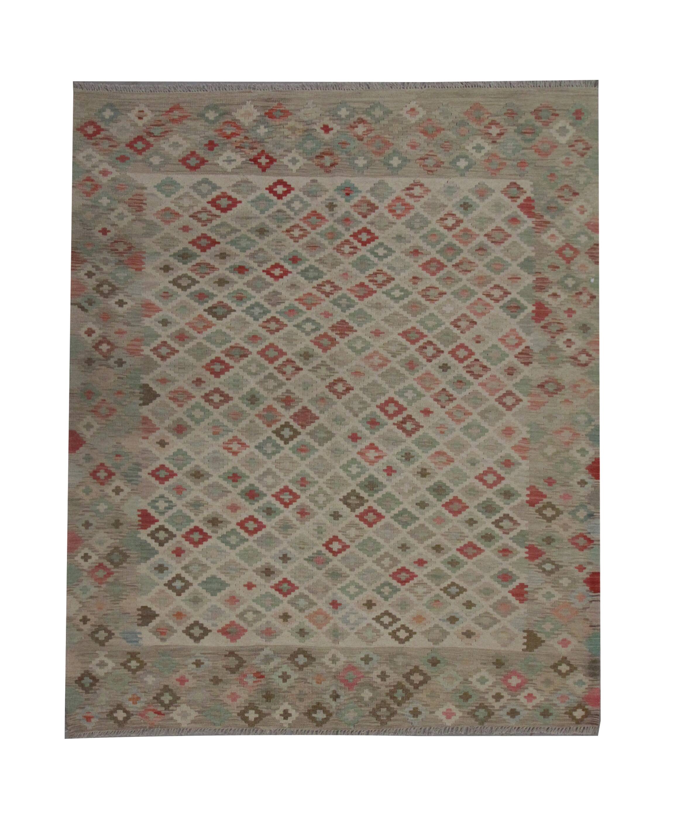 Geometric Kilim Rug Grey, Afghan Wool Carpet Handmade, Neutral Rustic Home