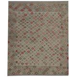 Geometric Kilim Rug Grey, Afghan Wool Carpet Handmade, Neutral Rustic Home