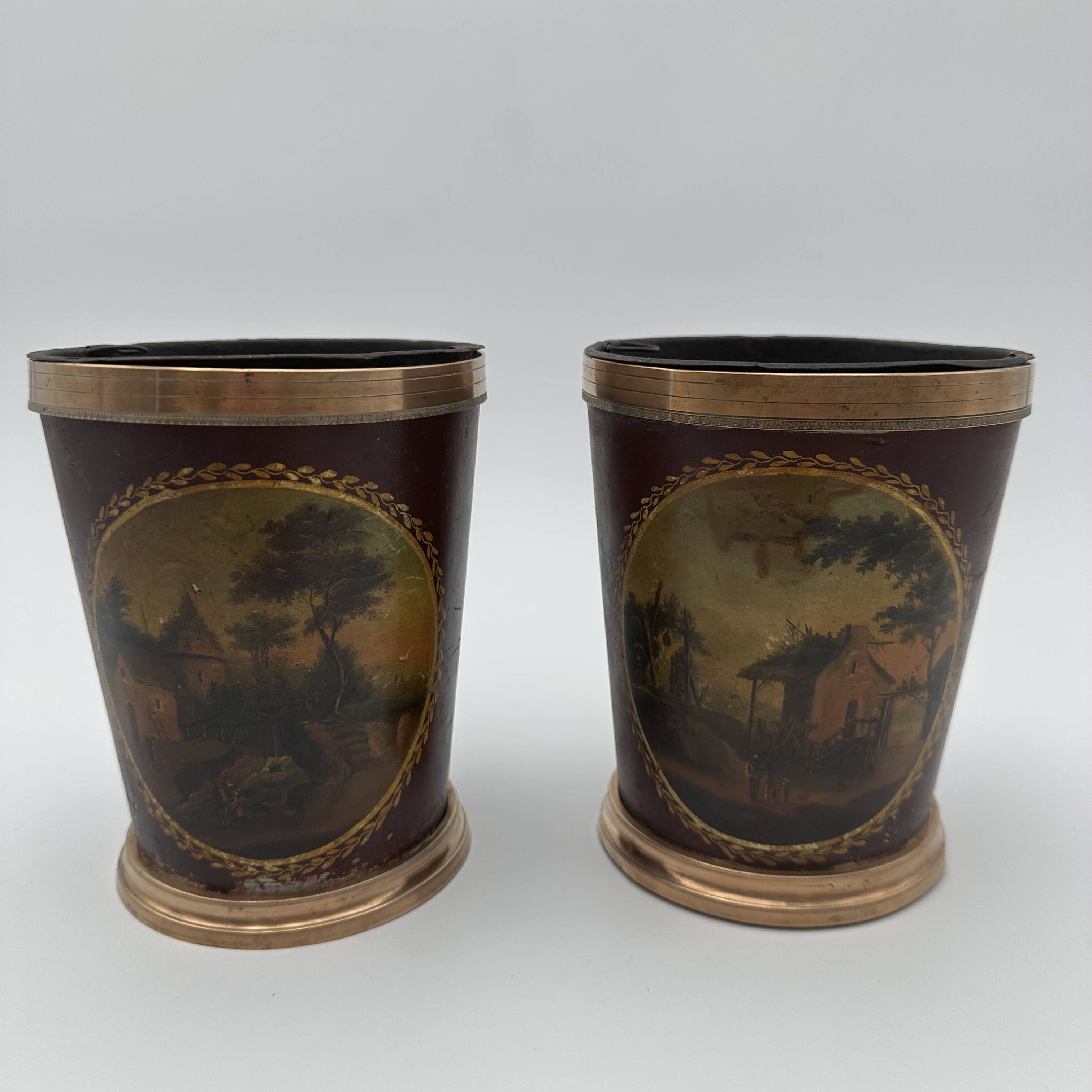 Pair of Painted Tin and Brass Planters, Decorated with Bucolic Landscapes,