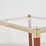 1970s gold chrome and leather coffee table + end table