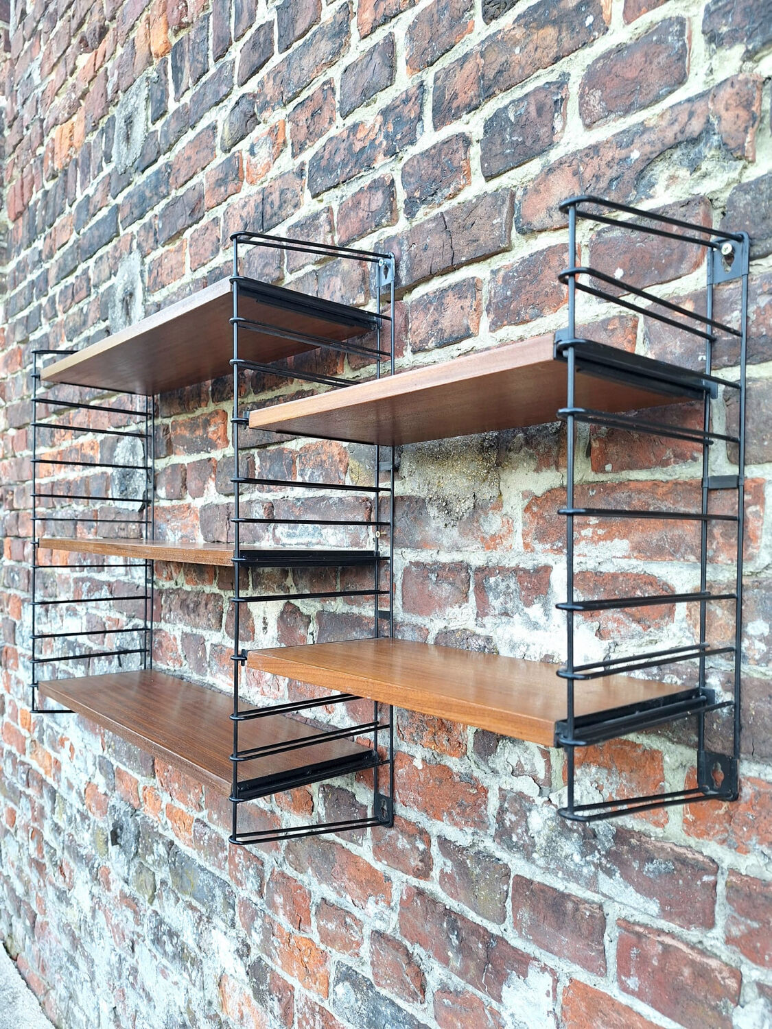 Vintage wood and metal shelves, designer storage.
