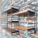 Vintage wood and metal shelves, designer storage.