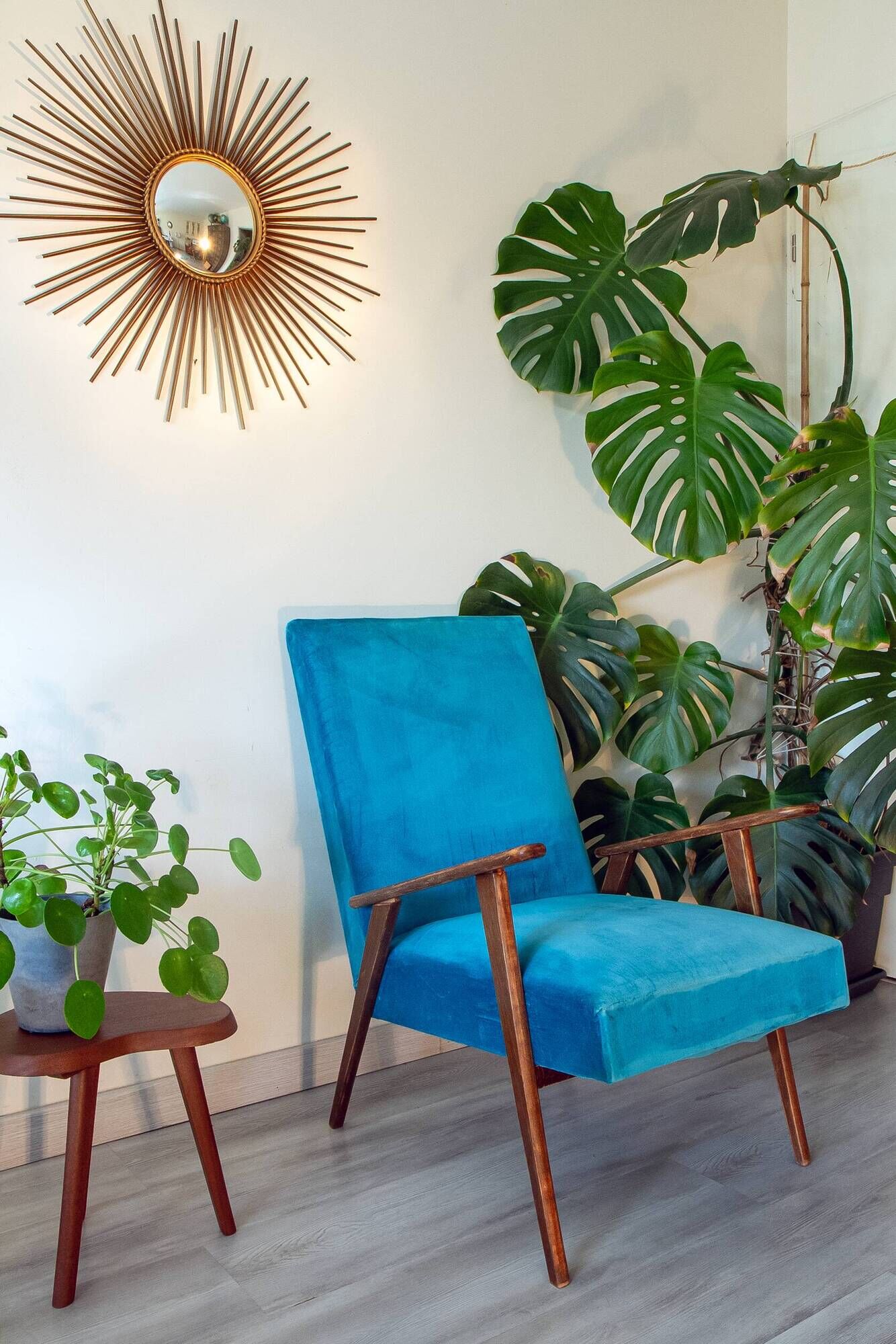 Scandinavian velvet armchair in duck blue, 1950s-60s.