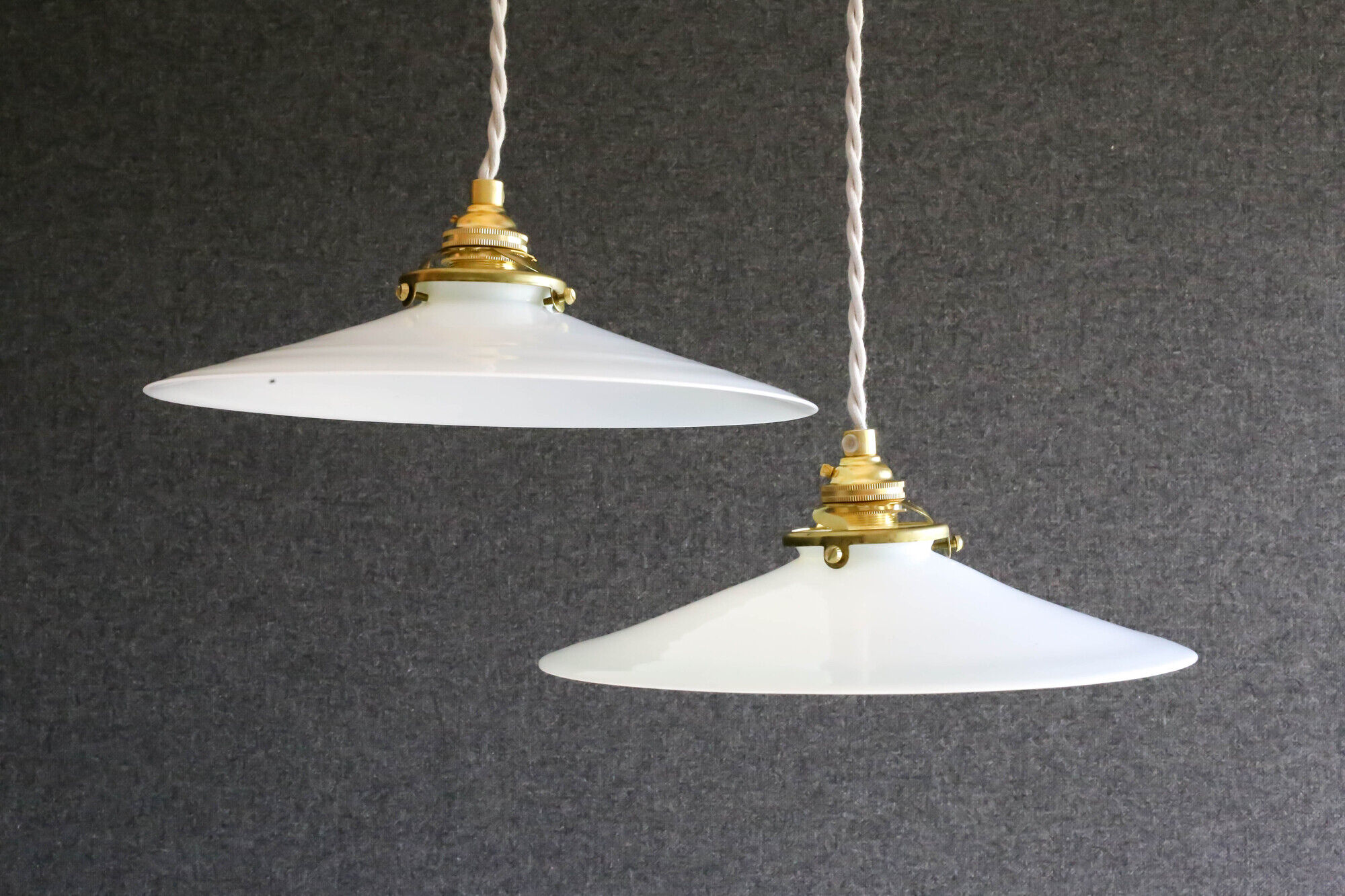2 French suspensions in smooth white opalines with new cables and sockets
