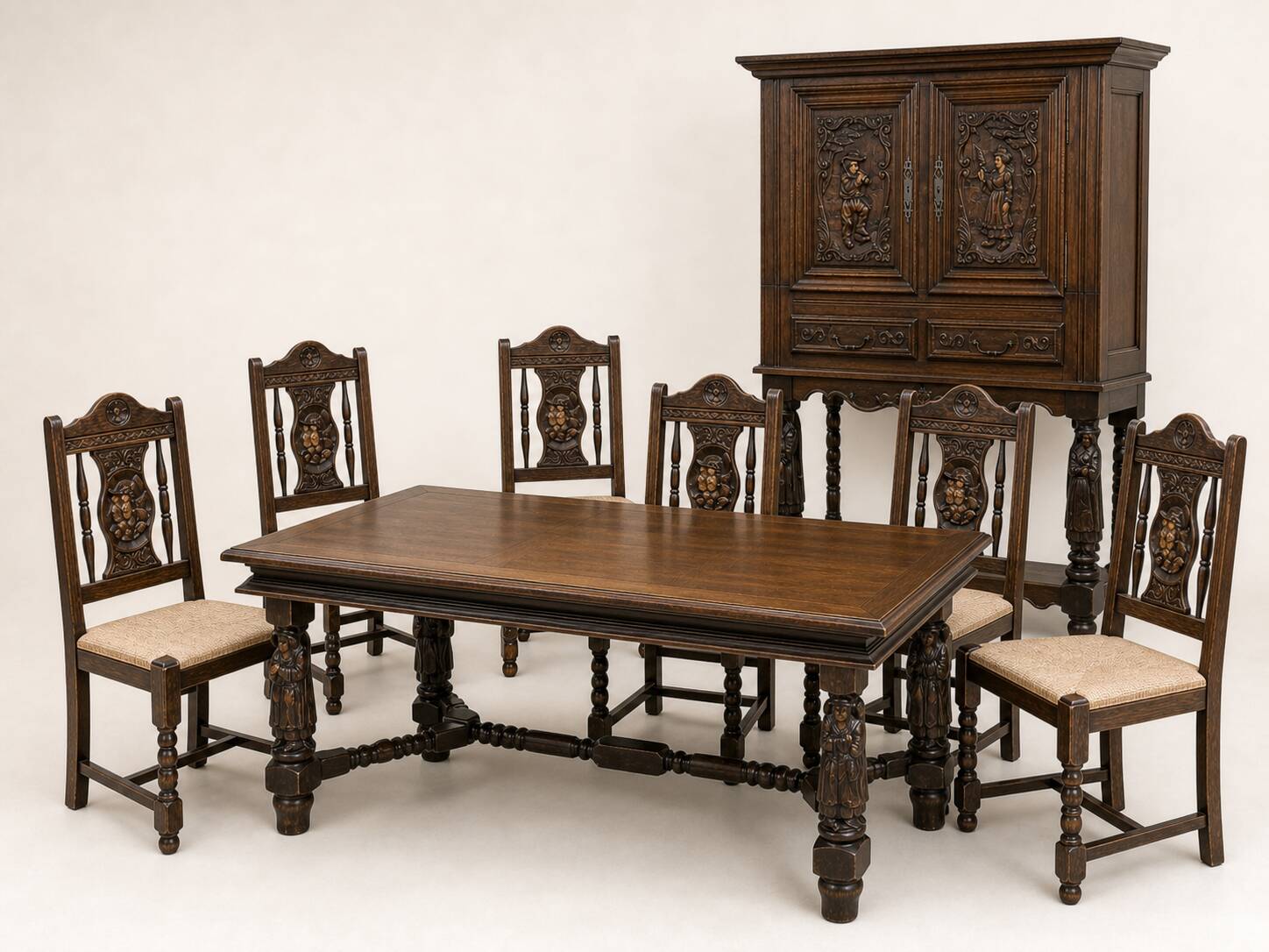 1950s Breton oak dining table + sideboard and 6 chairs