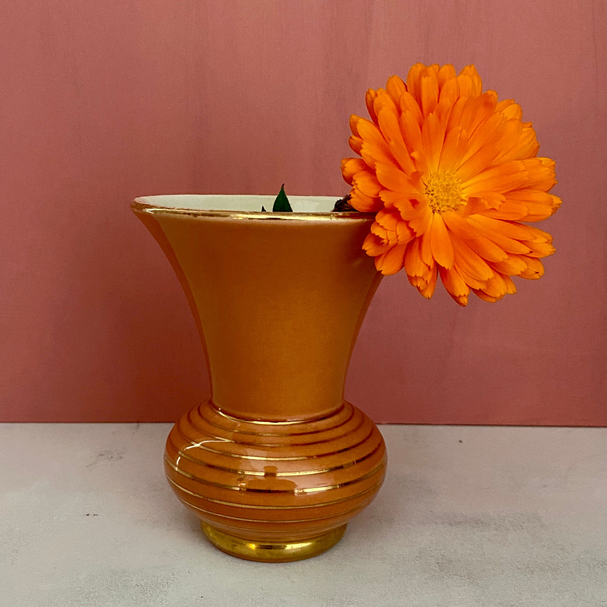 Vintage art deco vase in pink and gold ceramic