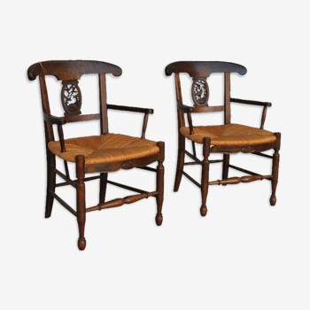 Pair armchairs style restoration paillés beech