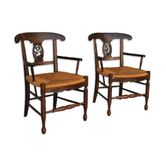 Pair armchairs style restoration paillés beech