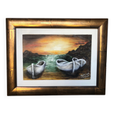 Tableau huile antoine barques bord de mer + cadre bois doré #a220