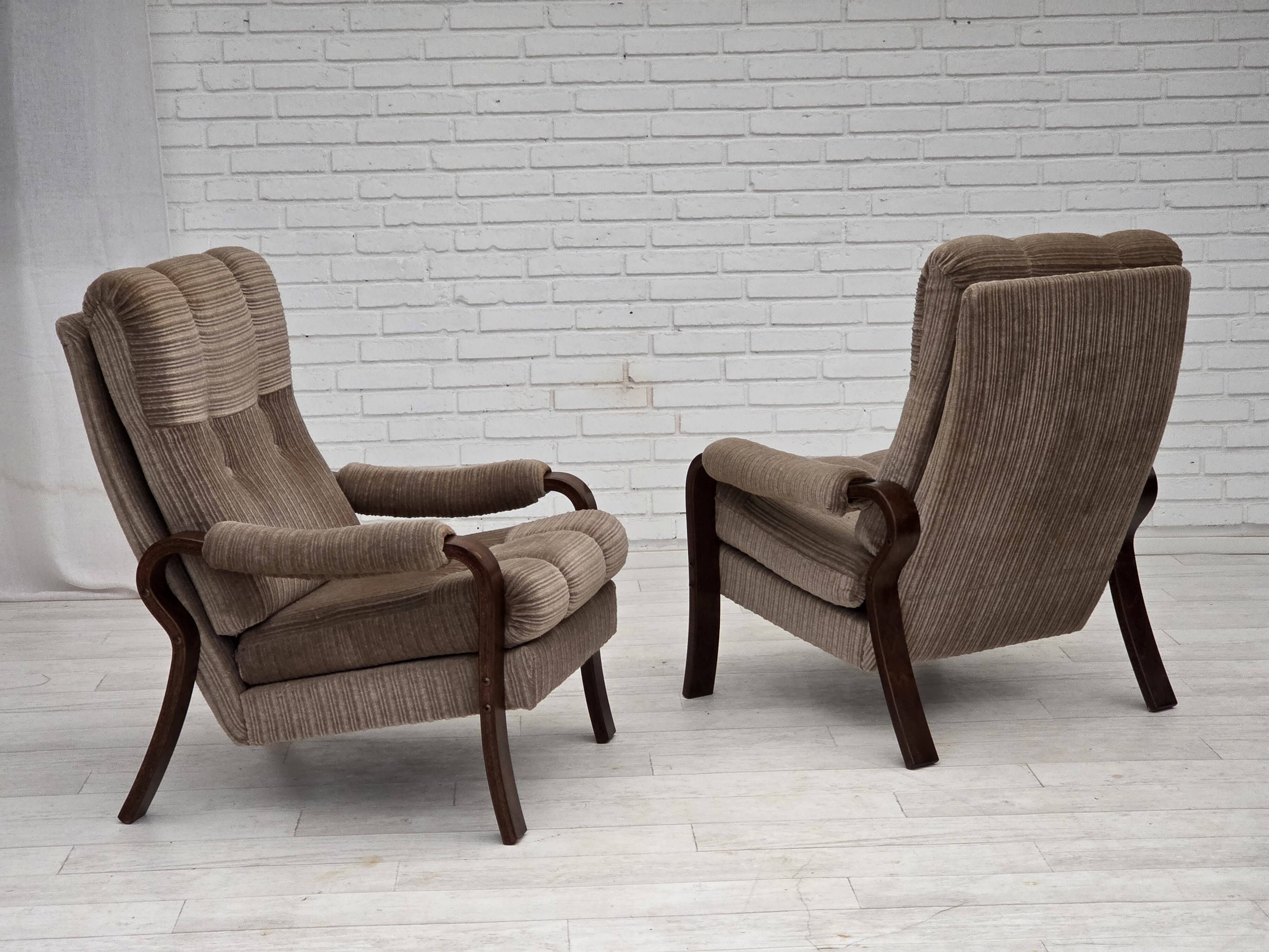 1970s, pair of Danish armchairs, brown furniture corduroy, beech wood.