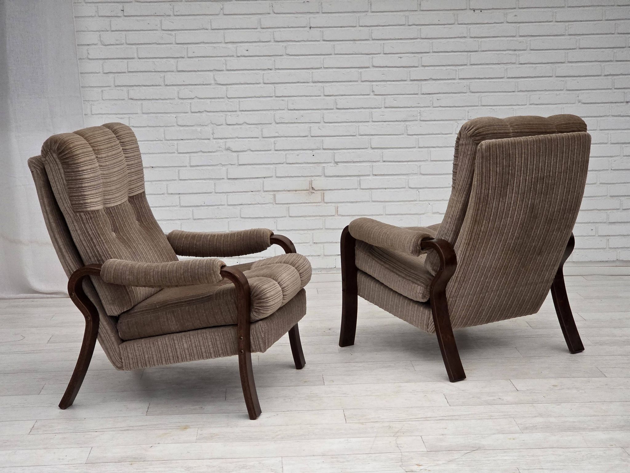 1970s, pair of Danish armchairs, brown furniture corduroy, beech wood.
