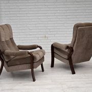 1970s, pair of Danish armchairs, brown furniture corduroy, beech wood.