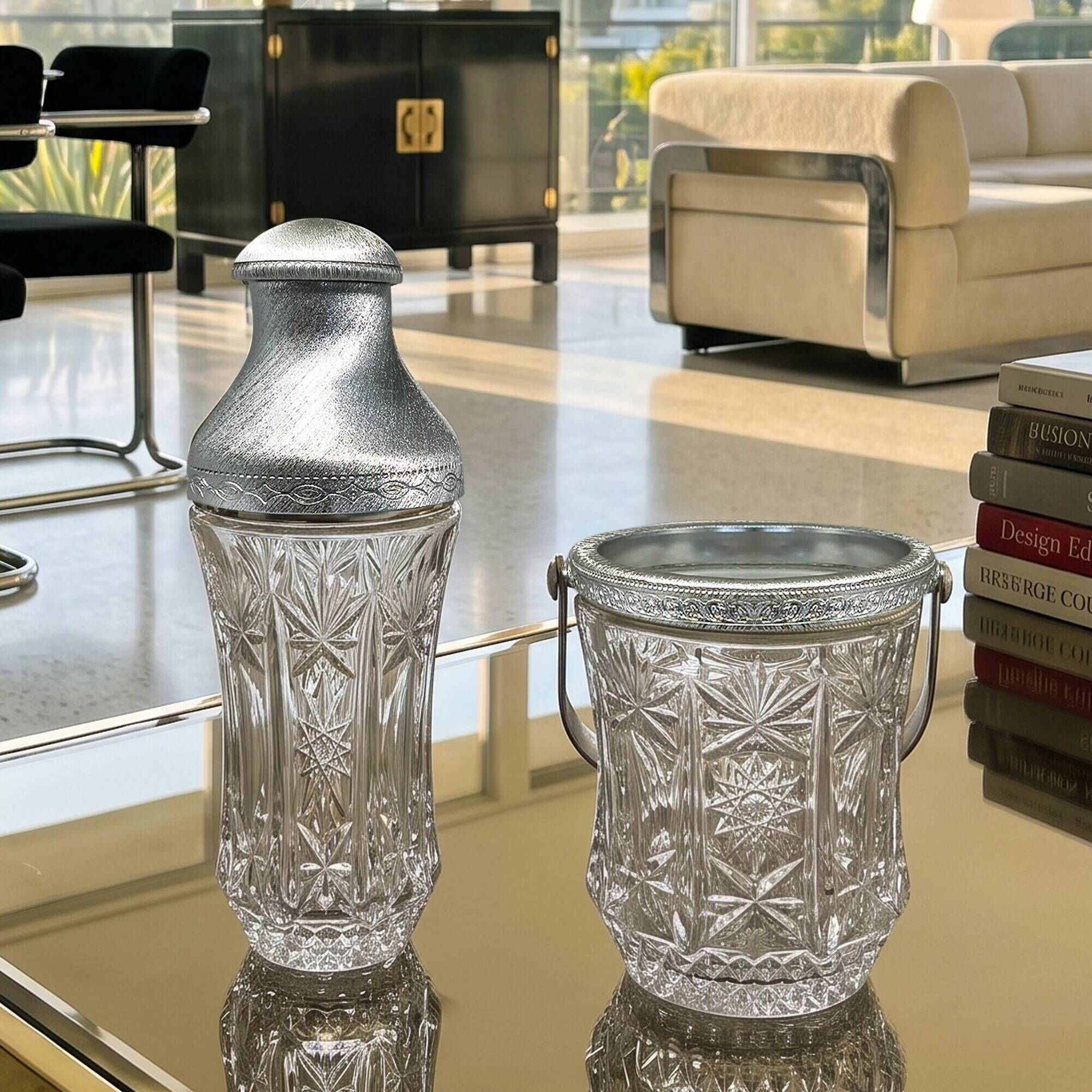 1960s Italian Mid-Century Cut Crystal & Brushed Metal Cocktail Set by Arir