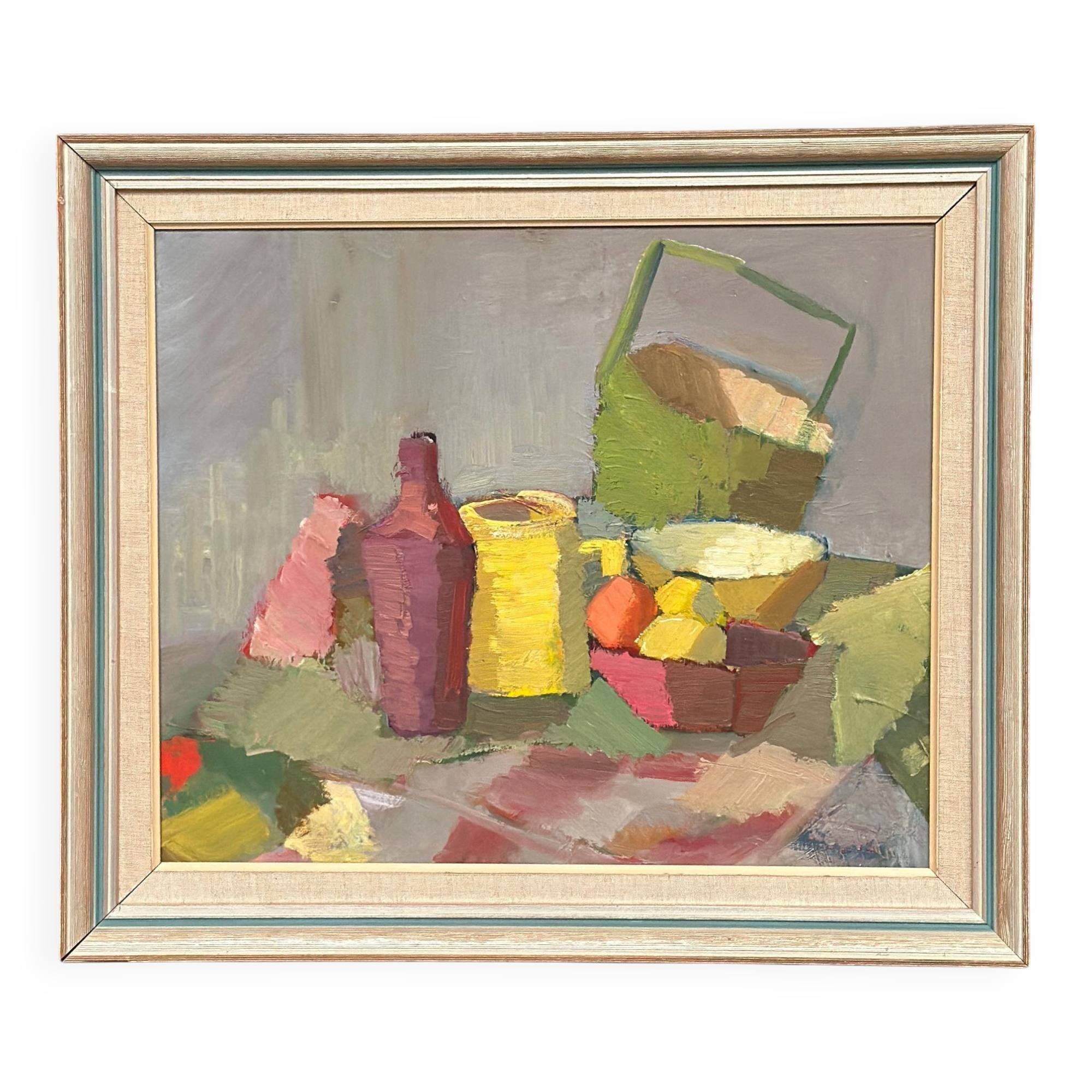 Original Mid Centaur European Oil On Canvas – Colourful Cubist Still Life By Lopin – 1950s Vintage & Framed