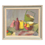 Original Mid Centaur European Oil On Canvas – Colourful Cubist Still Life By Lopin – 1950s Vintage & Framed