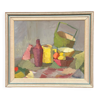 Original Mid Centaur European Oil On Canvas – Colourful Cubist Still Life By Lopin – 1950s Vintage & Framed