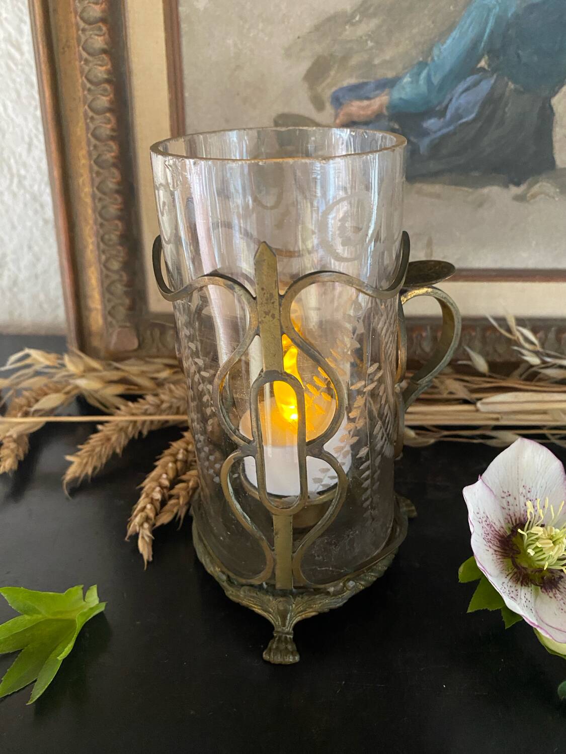 Antique glass and bronze candlestick