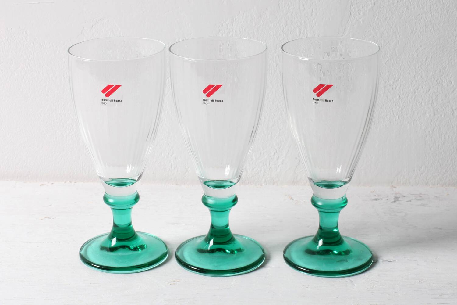 Set of 3 Vintage Bormioli Rocco Wine Glasses: Green Stem Harmonia Flutes