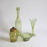 Biot bubble glass ensemble, bottle, jar, bowl and glass.