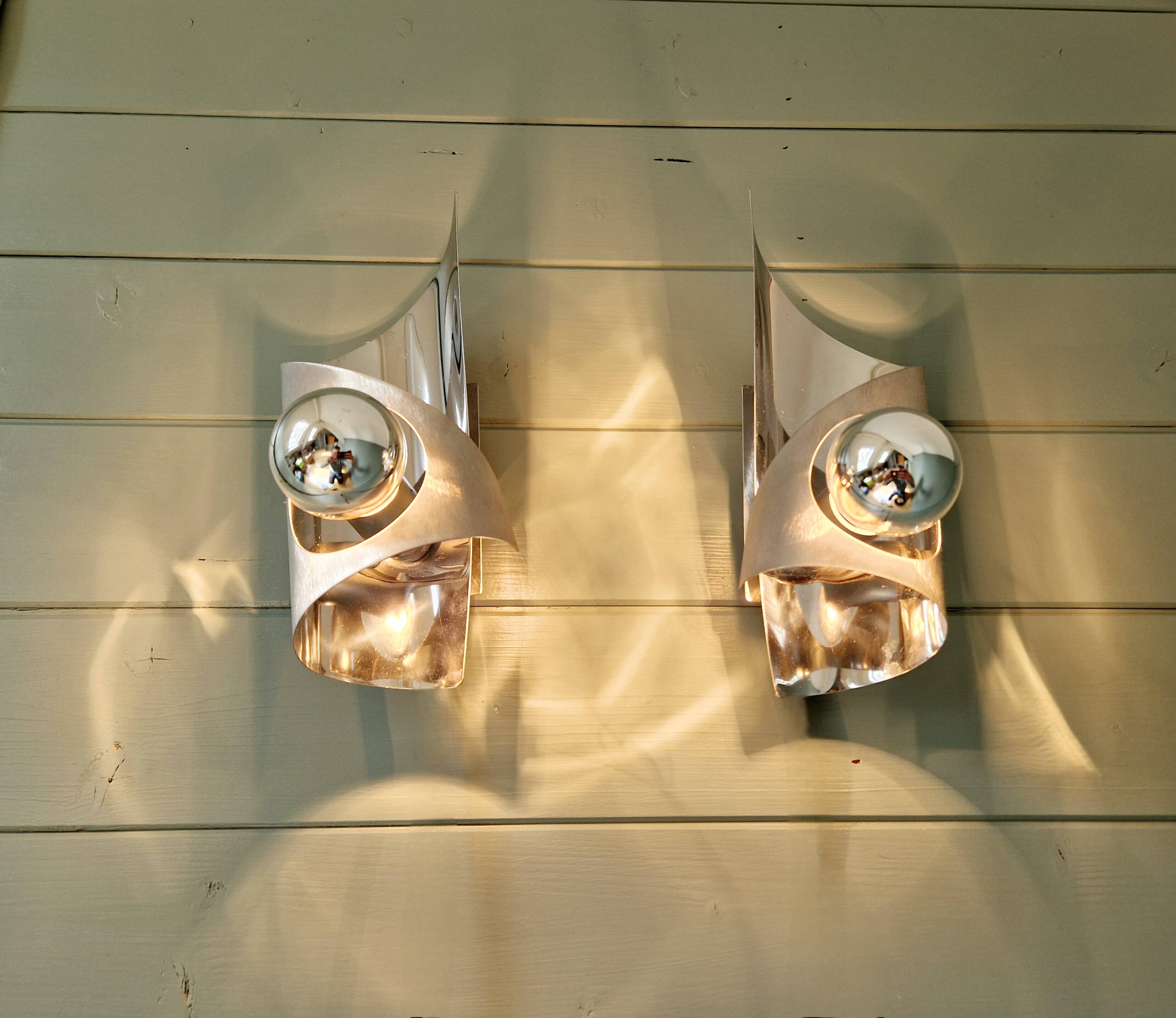 Pair of brushed aluminum wall lights, 1970s