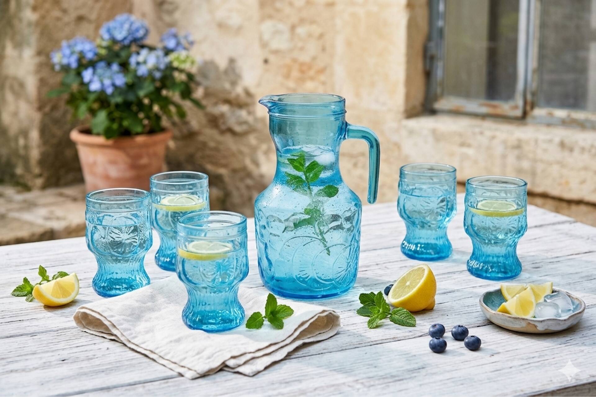 Vintage Vemam lemonade service in embossed blue glass, Italy.