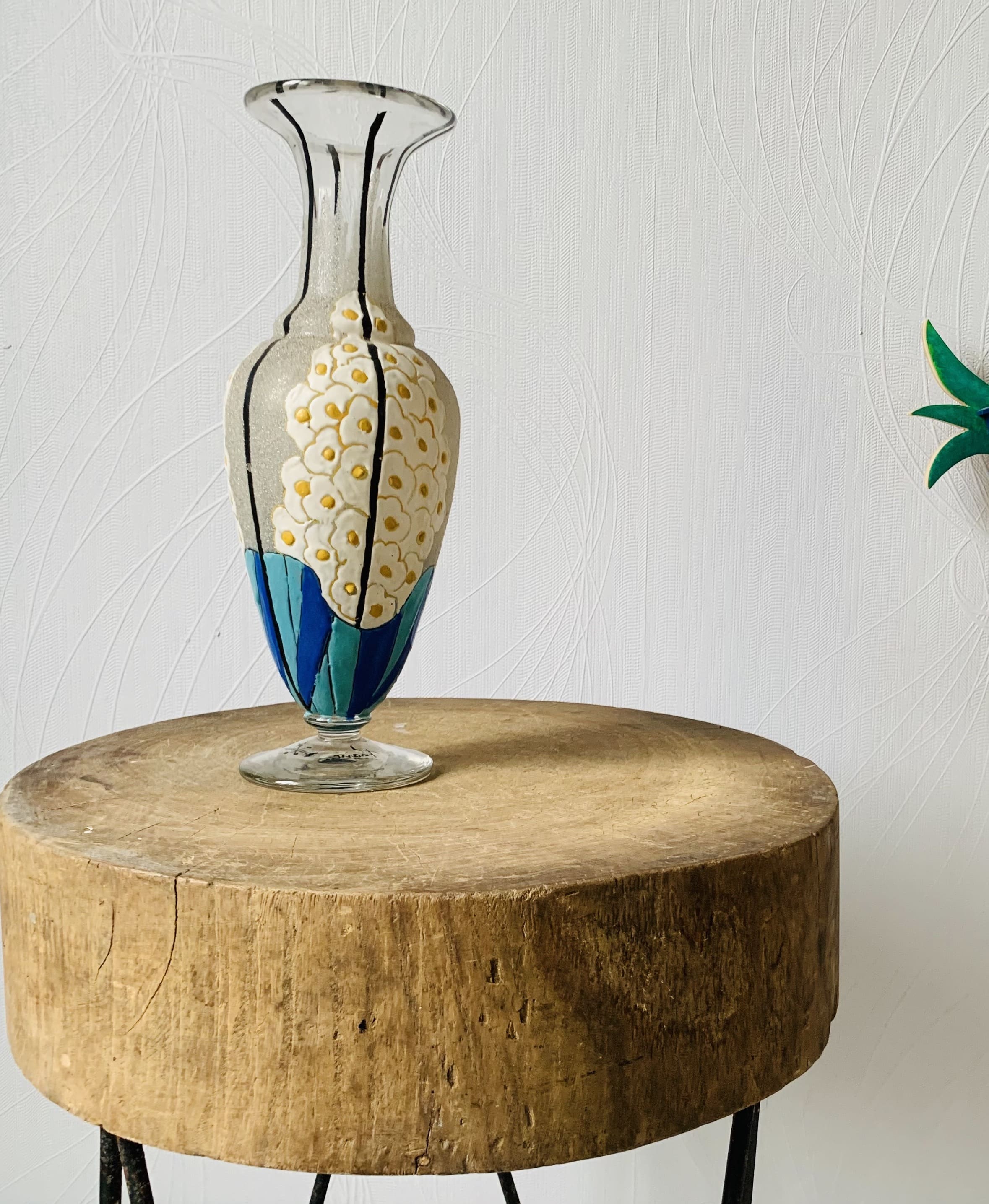 Glass and enamel vase with art deco flower decoration signed Mazoyer