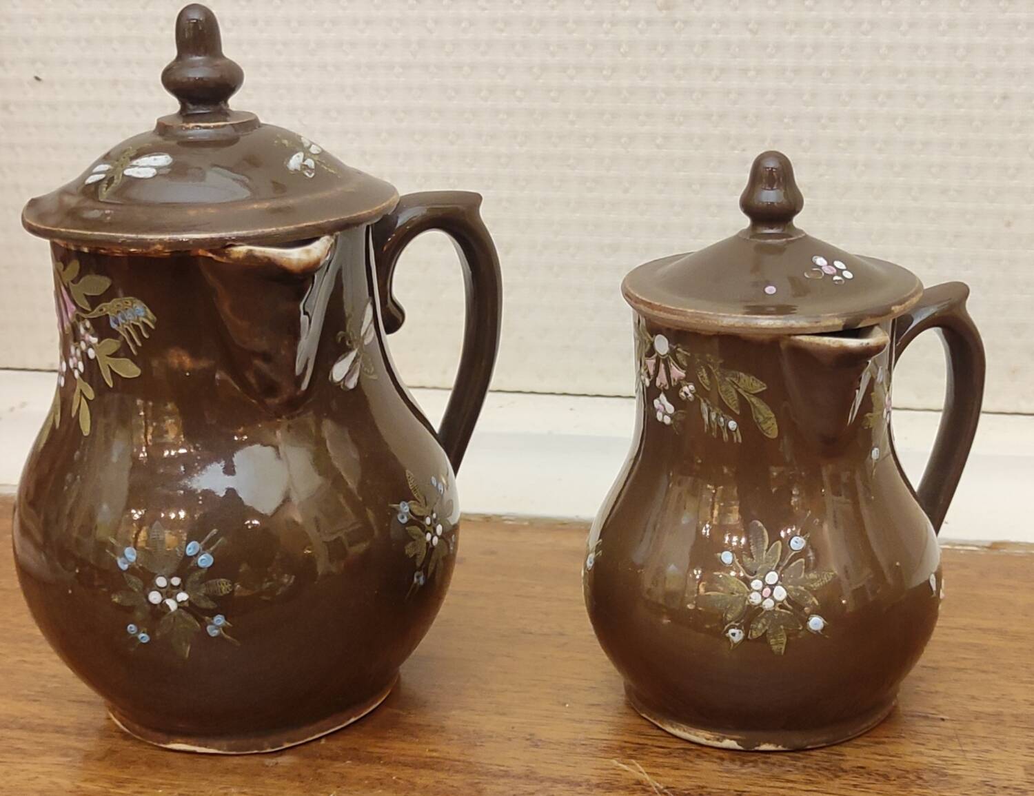 2 Old Small Glazed Ceramic Cream Pots/Enameled Decor