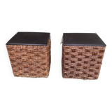 2 Scandinavian poufs in woven brown water hyacinth and leather