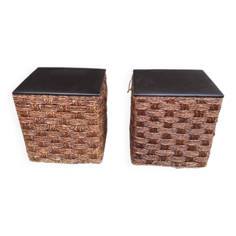 2 Scandinavian poufs in woven brown water hyacinth and leather
