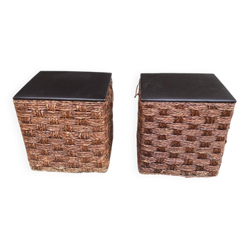 2 poufs scandinaves en jacinthe d'eau marron tressée et cuir