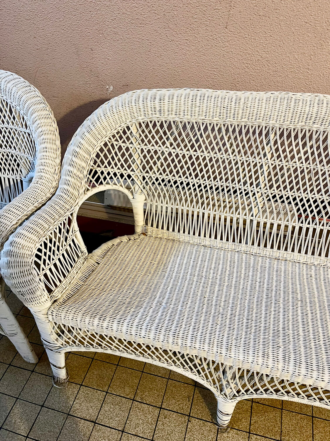 Salon de jardin en osier et rotin blanc