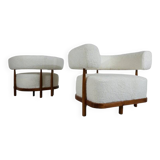 Contemporary Pair of Italian Armchairs, Wood and White Boucle Fabric