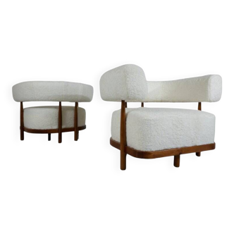 Contemporary Pair of Italian Armchairs, Wood and White Boucle Fabric