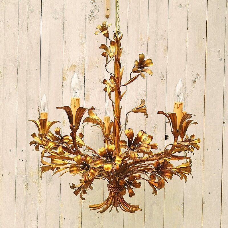 Chandelier 5 lights, gold leaf