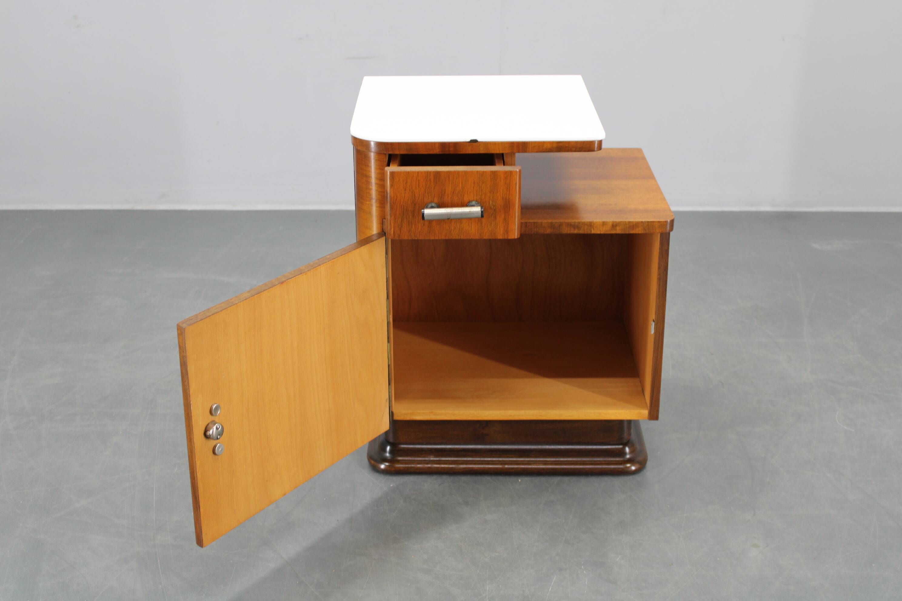 1940s night stand in walnut finish with glass top, Czechoslovakia