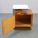 1940s night stand in walnut finish with glass top, Czechoslovakia