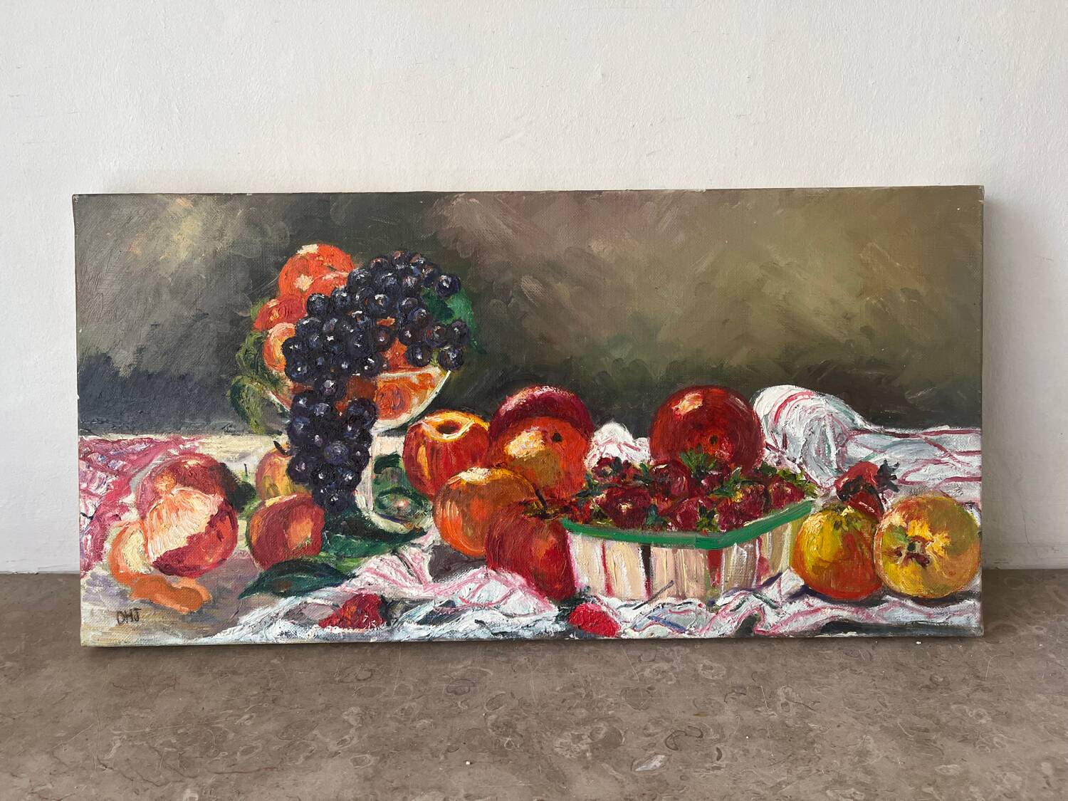 Still life with fruits and strawberries, oil on canvas signed Odile Julien.