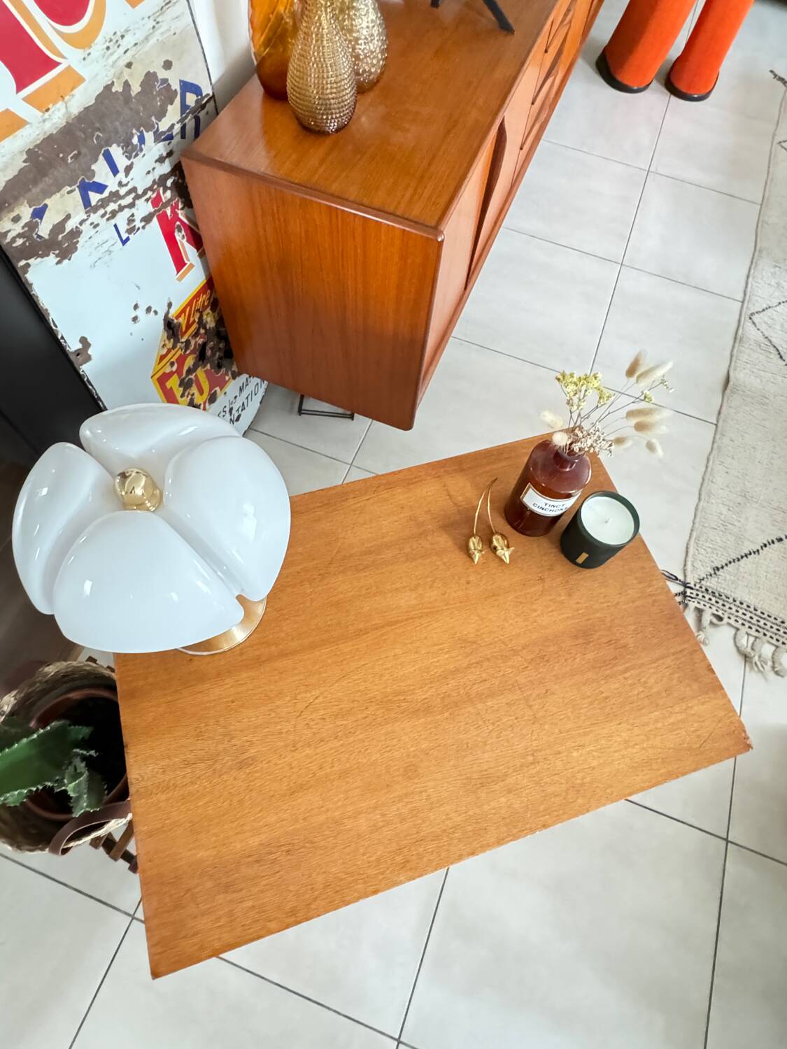 Old wooden desk or side table with compass legs