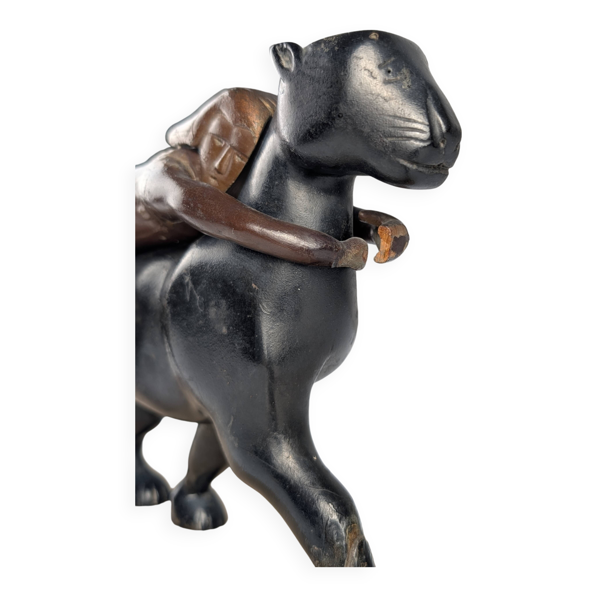 Ariadne and the Panther, Art Deco Sculpture in Wood and Brass, 1920s