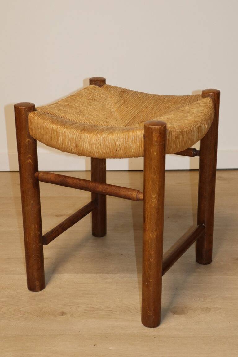 Vintage stool in solid oak and straw, 1960s