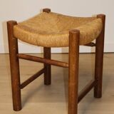 Vintage stool in solid oak and straw, 1960s