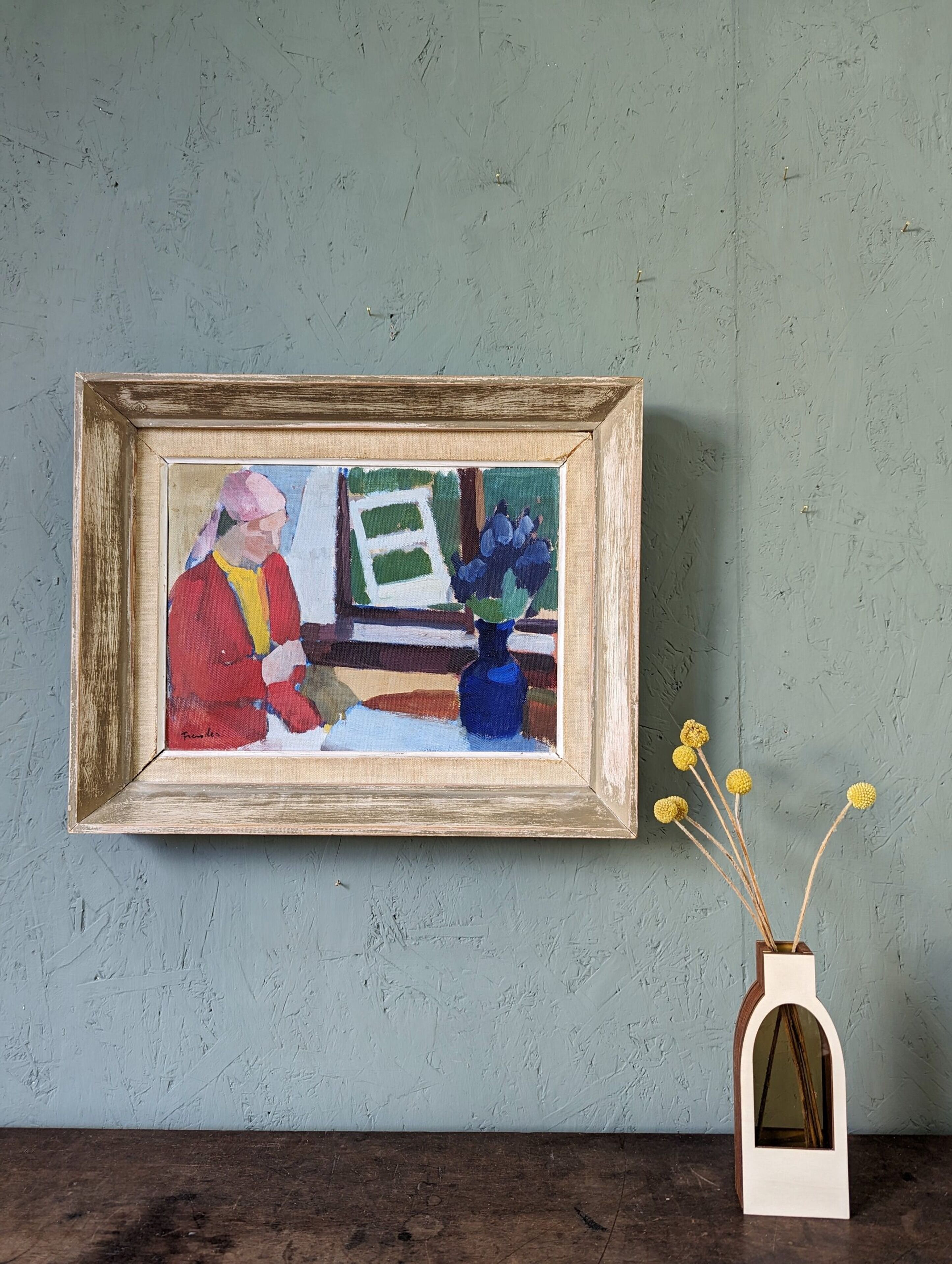 Mid-Century Modern "Window Seat", Swedish Figurative Interior Oil Painting, Framed